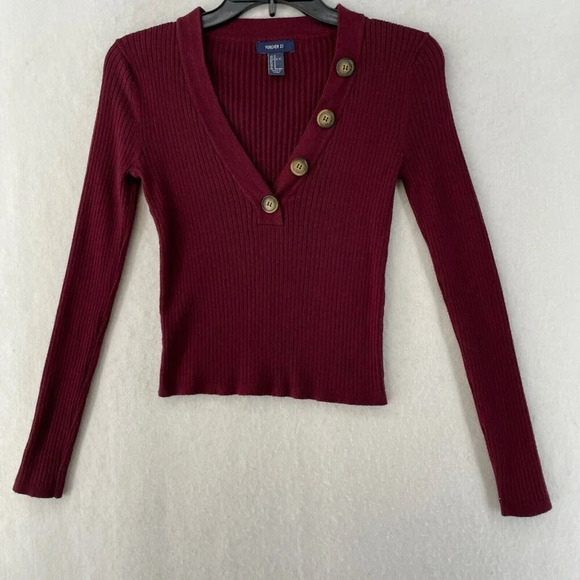 Forever 21 Sweater Womens M Red V-Neck Ribbed Knit Stretch Slim FitLong Sleeves - Picture 1 of 10